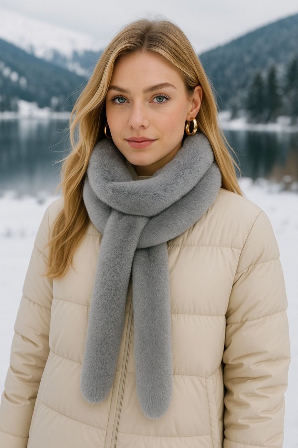 Grey Faux-Fur Neck Warmer, 100% polyester plush