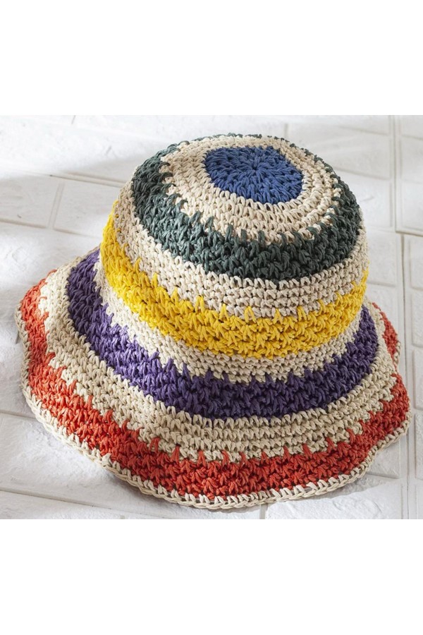 11507 Ekru Rengi Örgülü Hasır Şapka