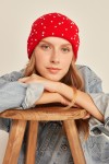Red Pearl-Detail Knit Beanie, 100% acrylic
