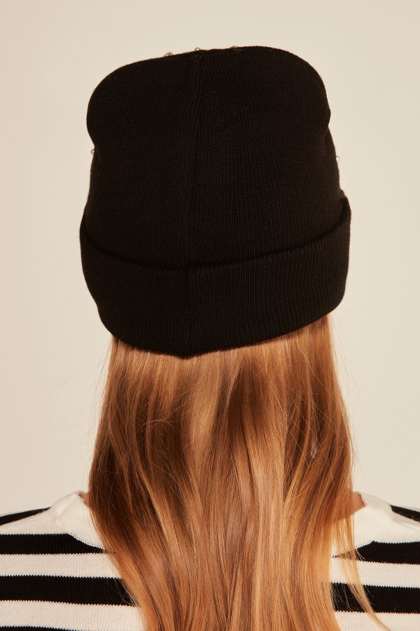 Black Pearl-Detail Knit Beanie, 100% acrylic