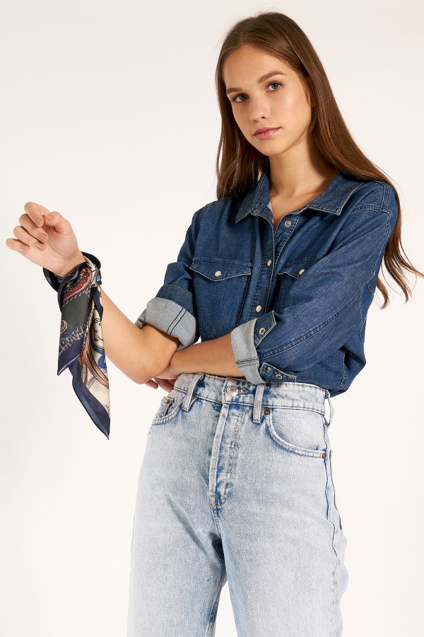 13458 Etro Desenli Lacivert Saten Bandana Fular 50x50 cm