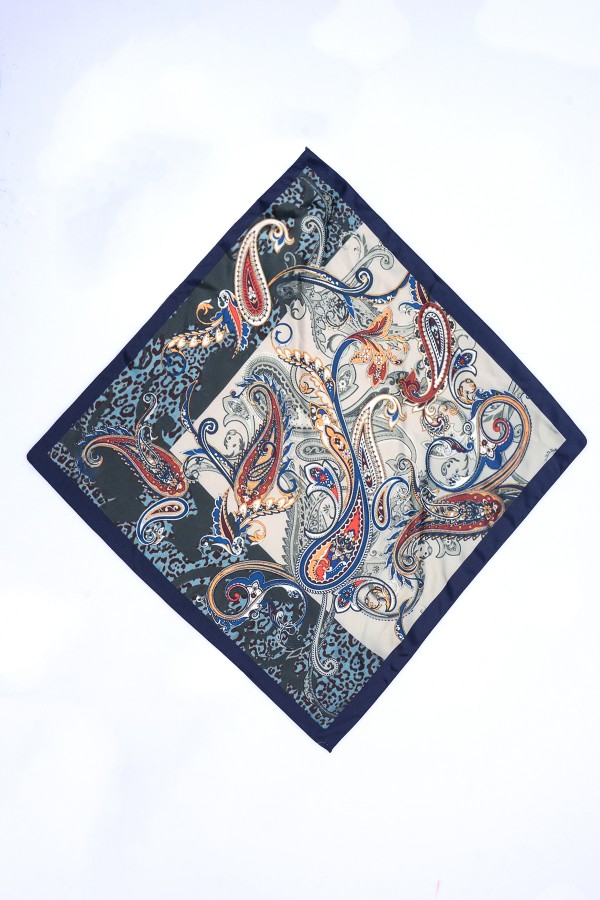 13458 Etro Desenli Lacivert Saten Bandana Fular 50x50 cm