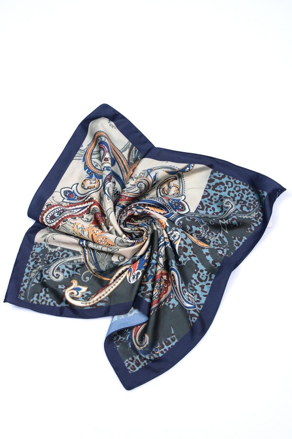 13458 Etro Desenli Lacivert Saten Bandana Fular 50x50 cm