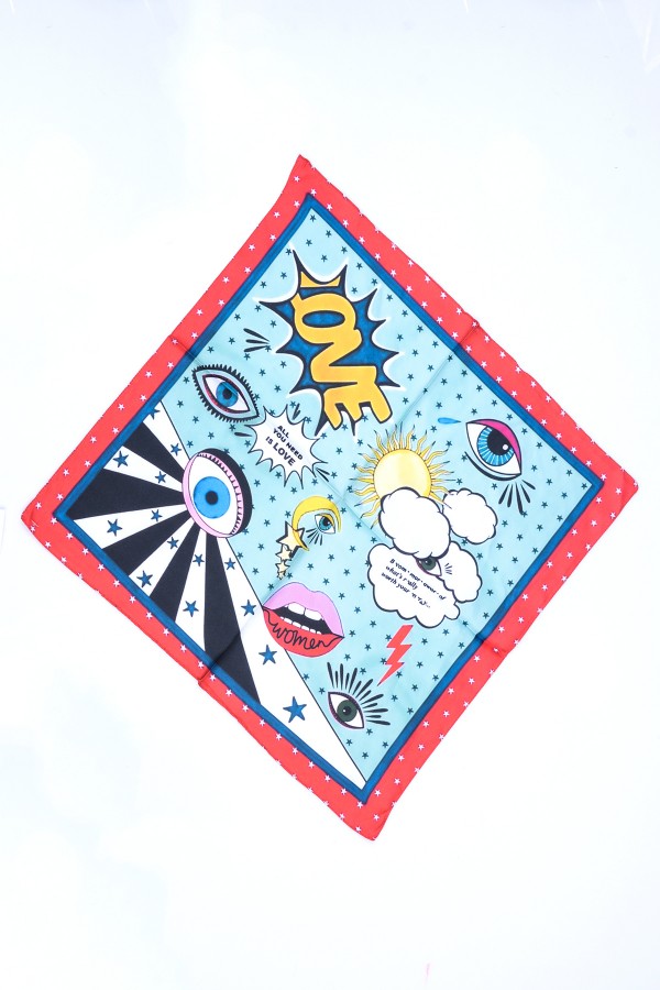 13707 Göz Desenli Renkli Saten Bandana Fular 50x50 cm