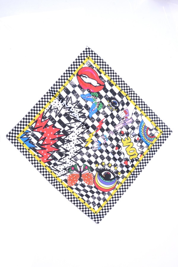 13708 Siyah Beyaz Kareli Saten Bandana Fular 50x50 cm