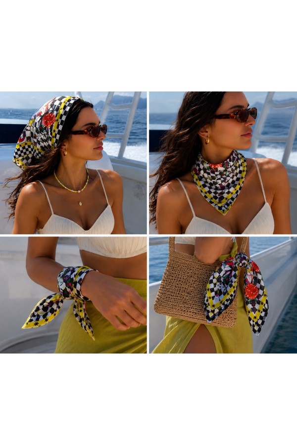 Siyah Beyaz Kareli Saten Bandana Fular, Saten, 50x50 cm
