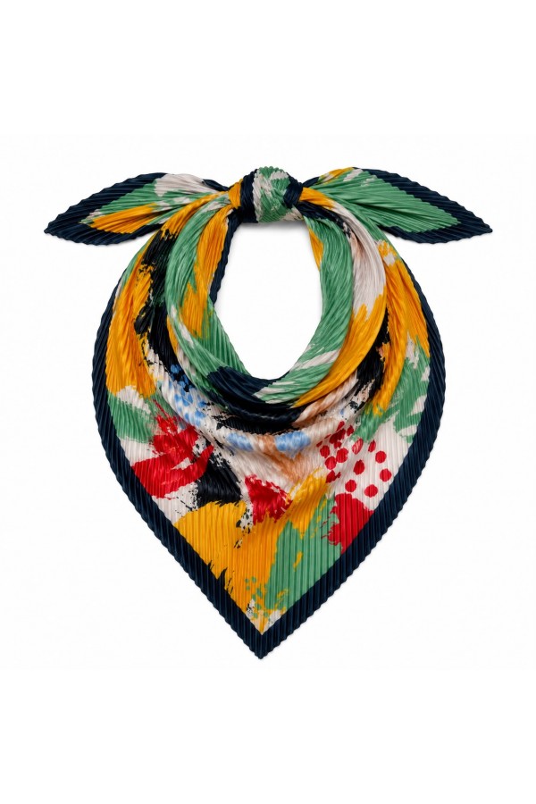 13750-1 Pliseli Lacivert Kenarlıklı Renkli Saten Bandana Fular 50x50 cm