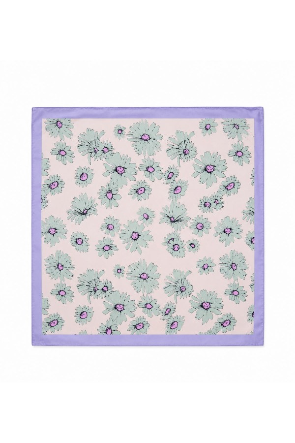 13934 Açık Çiçek Desenli Lila Saten Bandana Fular 50x50 cm