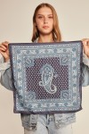 13935 Şal Desenli Lacivert Saten Bandana Fular 50x50 cm