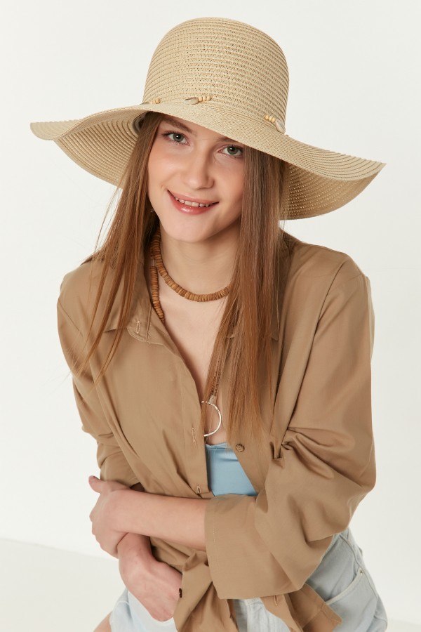 14232-1 Denizkabuğu Bej Geniş Hasır Şapka