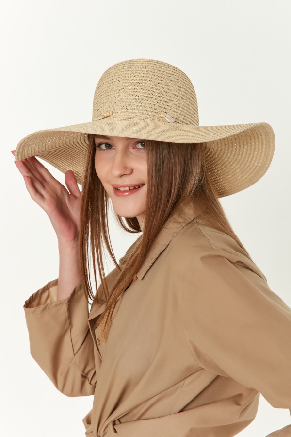 14232-1 Denizkabuğu Bej Geniş Hasır Şapka