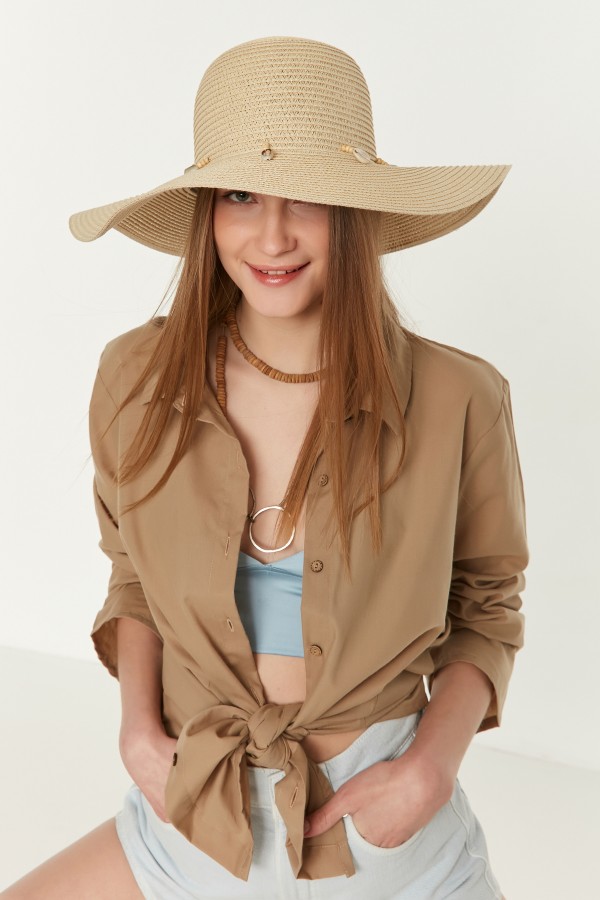 14232-1 Denizkabuğu Bej Geniş Hasır Şapka