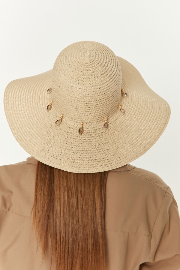 14232-1 Denizkabuğu Bej Geniş Hasır Şapka