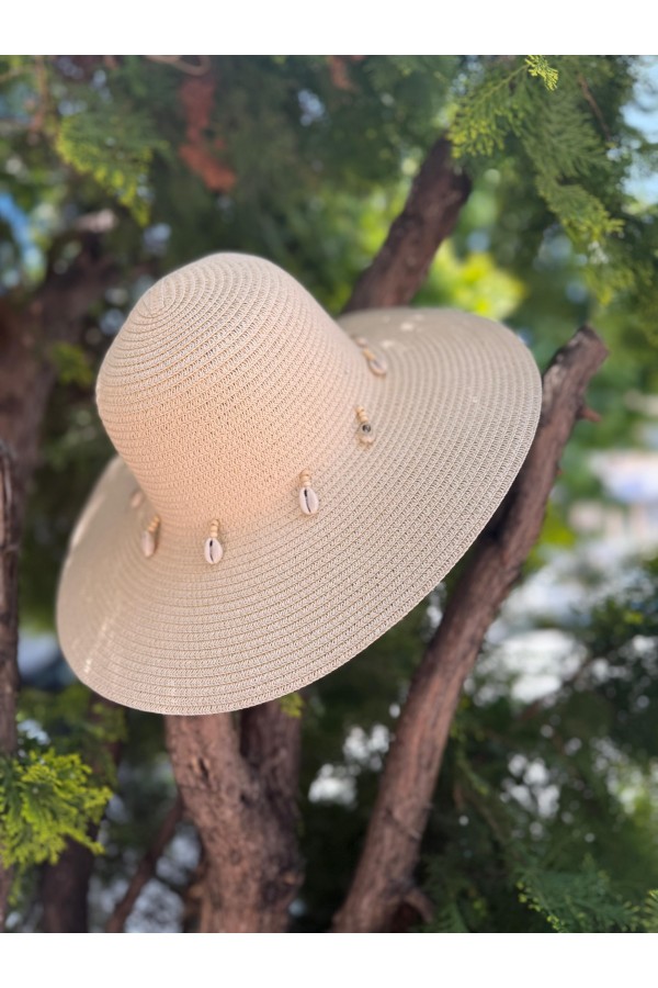 14232-1 Denizkabuğu Bej Geniş Hasır Şapka