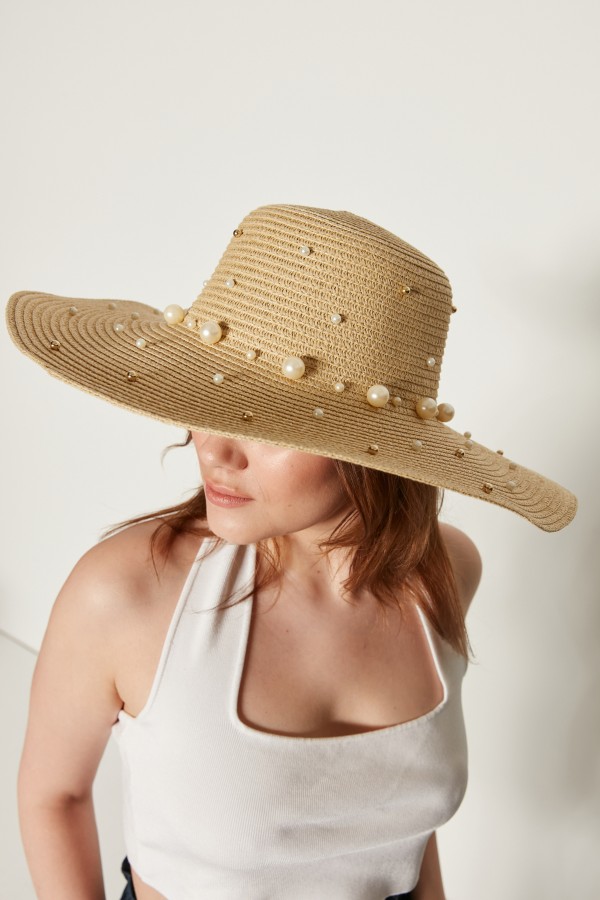 14232-10 Üzeri İncili Açık Bej Geniş Hasır Şapka 14232-10 Üzeri İncili Açık Bej Geniş Hasır Şapka