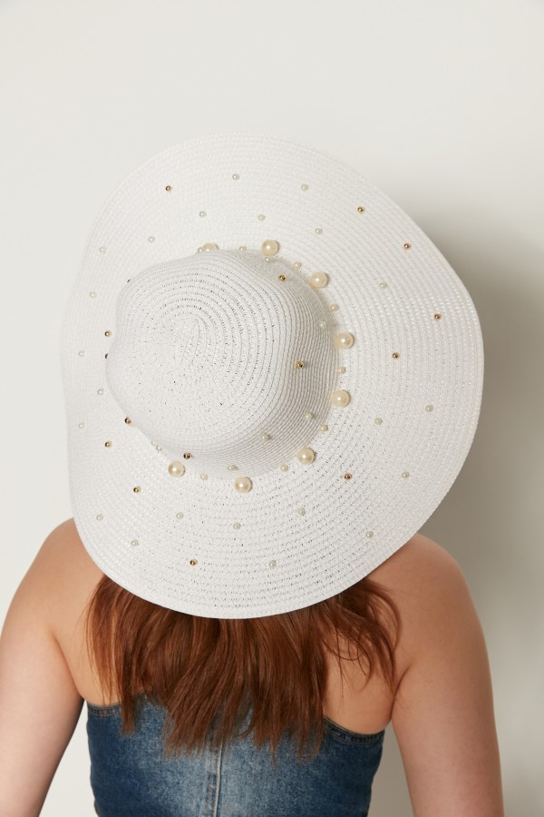 14232-10 Üzeri İncili Beyaz Geniş Hasır Şapka