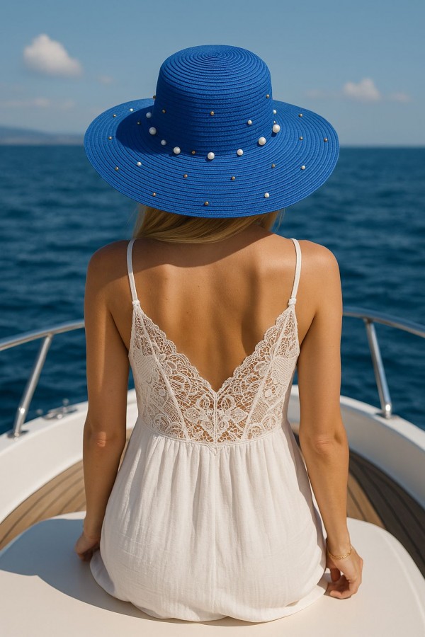 14232-10 Üzeri İncili Sax Mavi Geniş Hasır Şapka