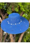 14232-10 Üzeri İncili Sax Mavi Geniş Hasır Şapka