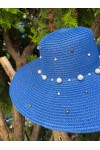 14232-10 Üzeri İncili Sax Mavi Geniş Hasır Şapka
