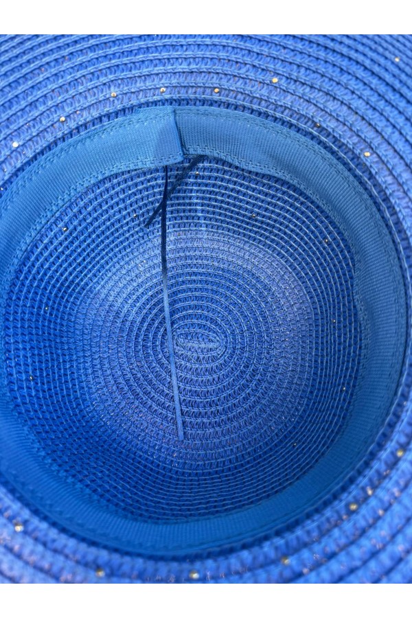 14232-10 Üzeri İncili Sax Mavi Geniş Hasır Şapka