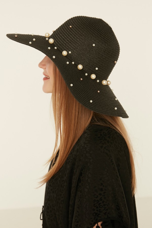 14232-10 Üzeri İncili Siyah Geniş Hasır Şapka