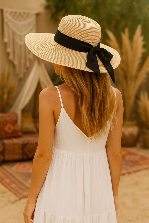 14232-18 Fiyonk Detaylı Bej Geniş Hasır Şapka