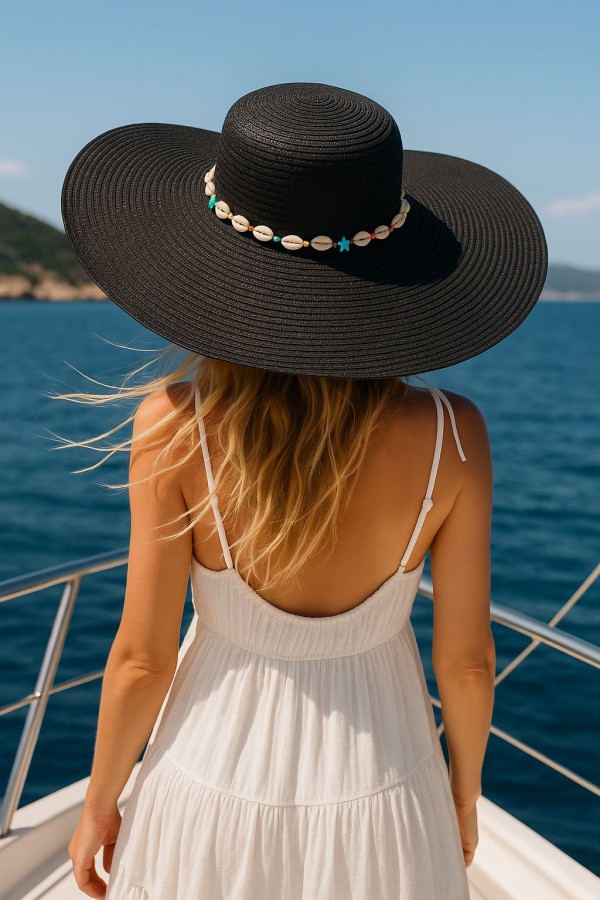 14232-26 Kurdele Detaylı Denizkabuğu Şeritli Siyah Geniş Hasır Şapka