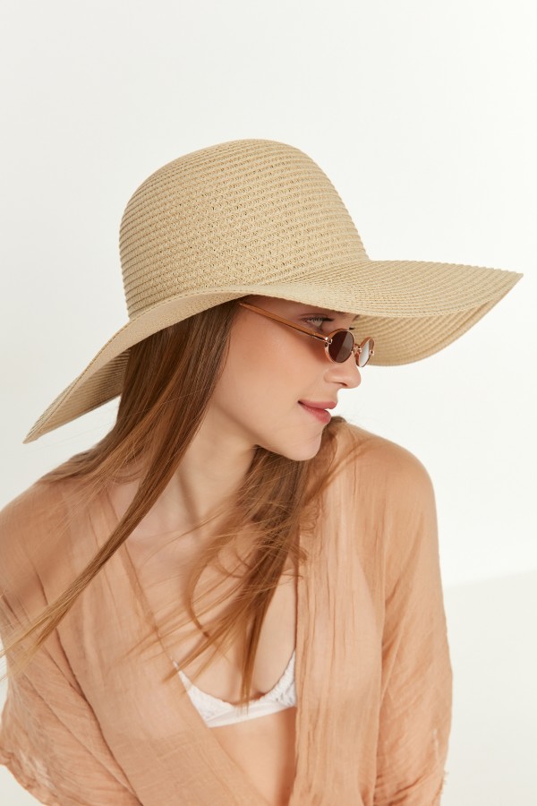 14232 Bej Geniş Hasır Şapka
