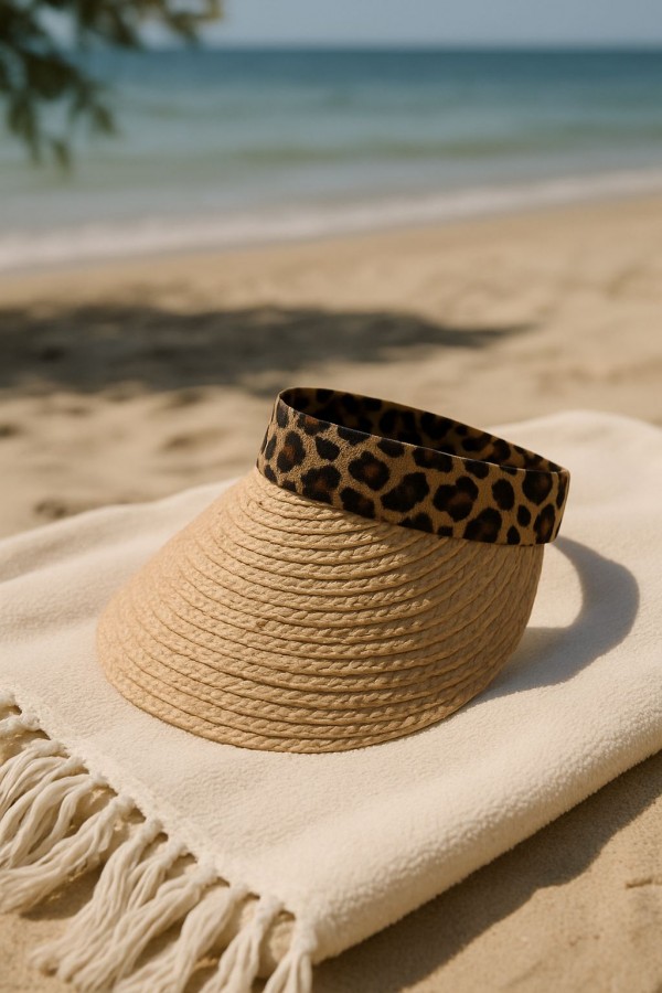 14401 Leopar Şeritli Camel Hasır Vizör Şapka