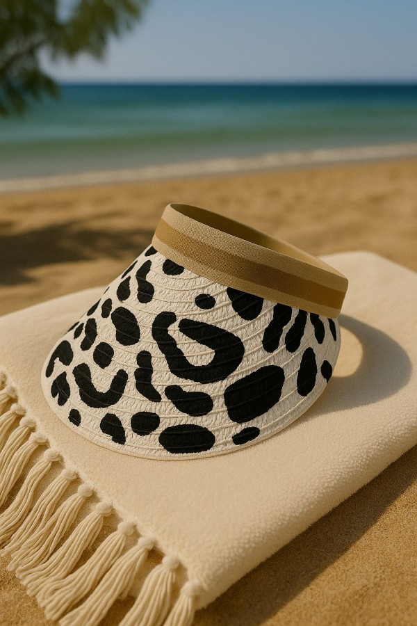 14403 Leopar Desenli Beyaz Hasır Vizör Şapka