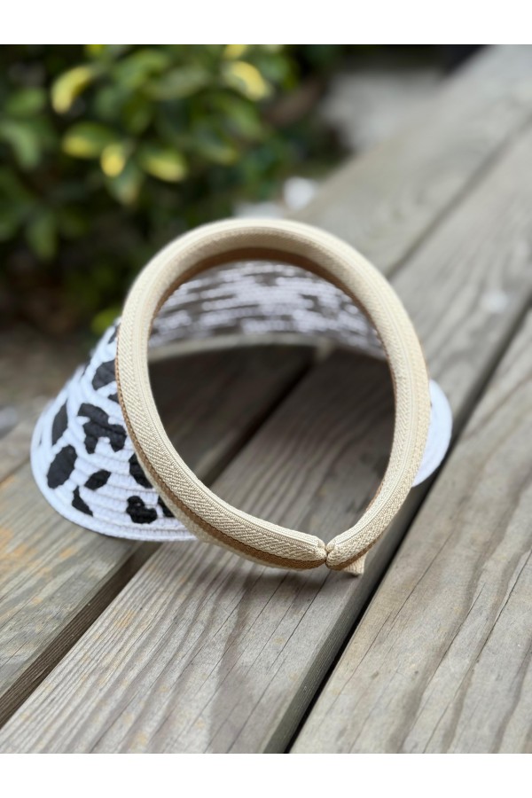 14403 Leopar Desenli Beyaz Hasır Vizör Şapka