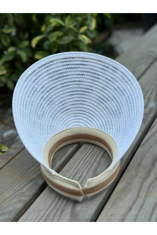 14403 Leopar Desenli Beyaz Hasır Vizör Şapka