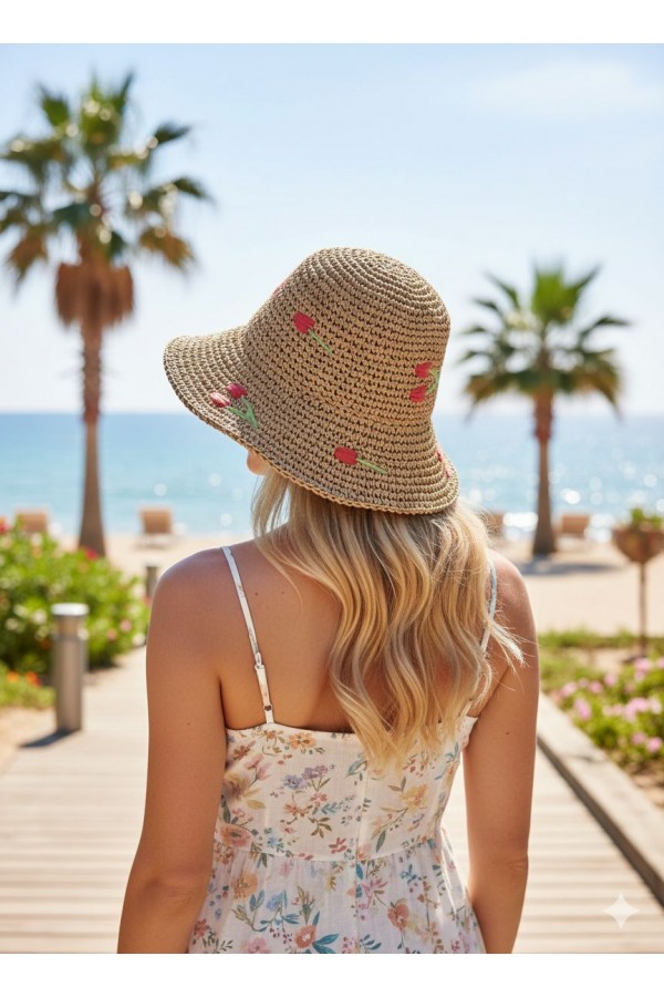 14522 El Örgüsü Kiraz Nakışlı Camel Hasır Şapka