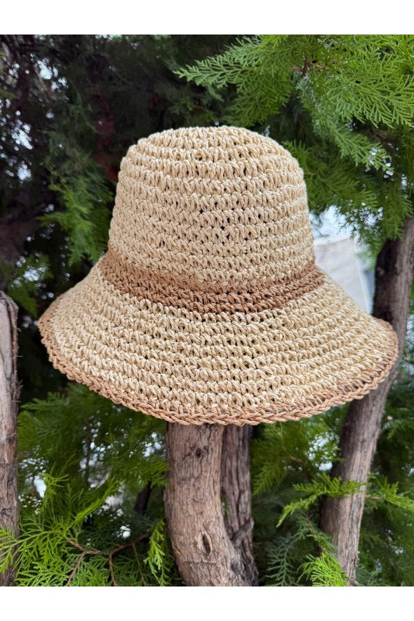 14523 El Örgüsü Bej Hasır Şapka