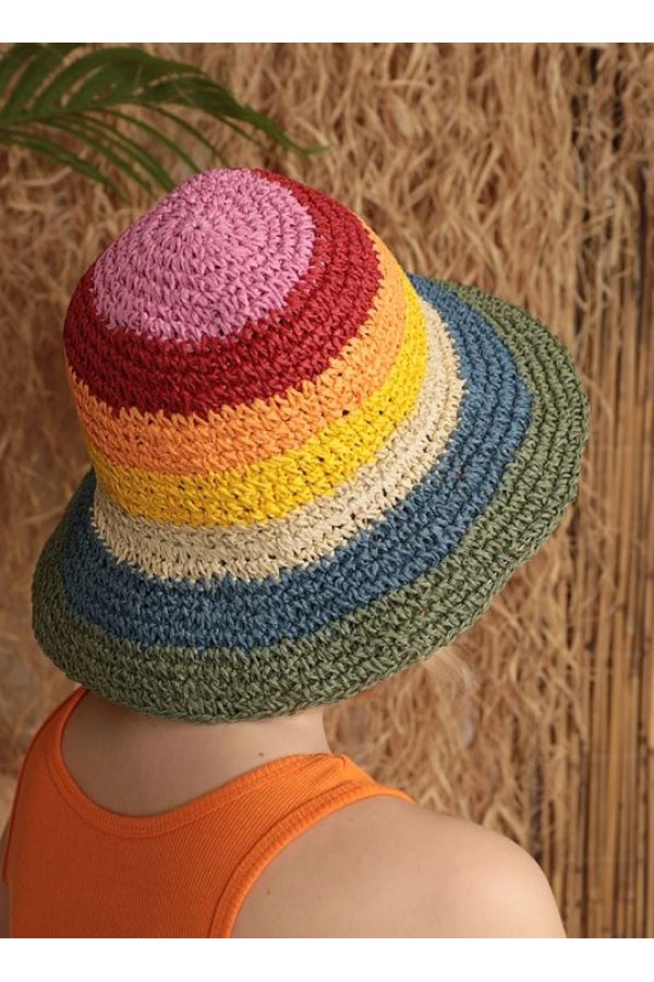 14524 El Örgülü Çok Renkli Hasır Şapka