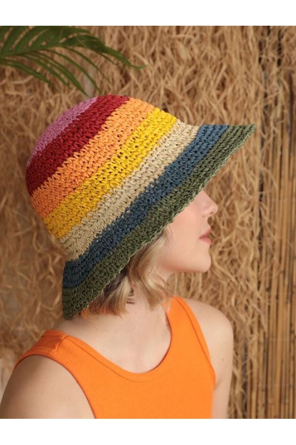 14524 El Örgülü Çok Renkli Hasır Şapka