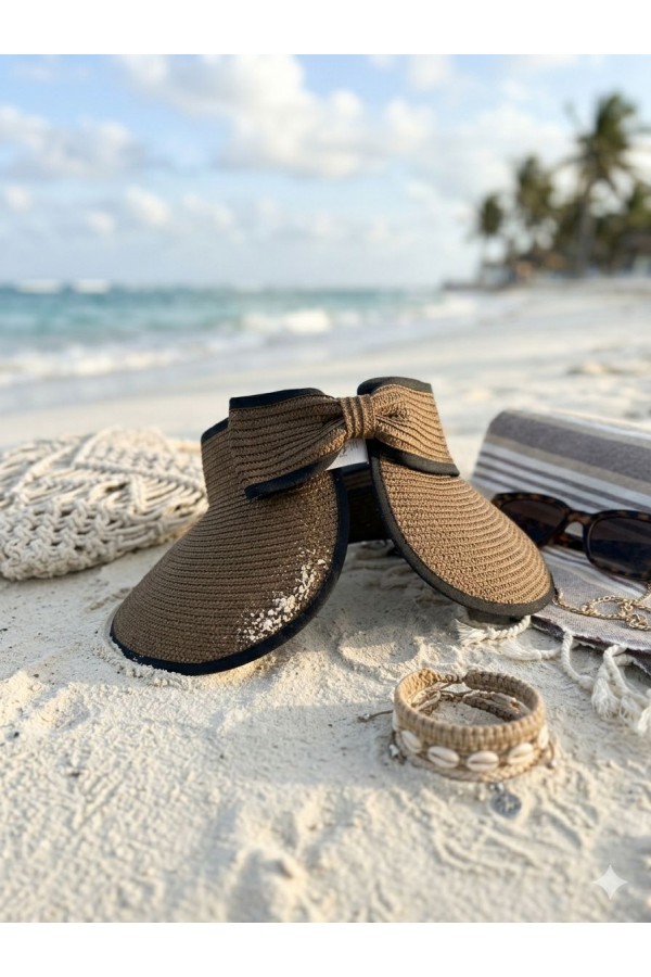 14530 Fiyonklu Kahverengi Üstü Açık Geniş Hasır Vizör Şapka