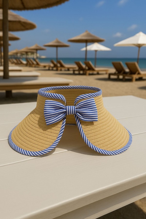 14531 Mavi Çizgili Fiyonklu Bej Üstü Açık Geniş Hasır Vizör Şapka