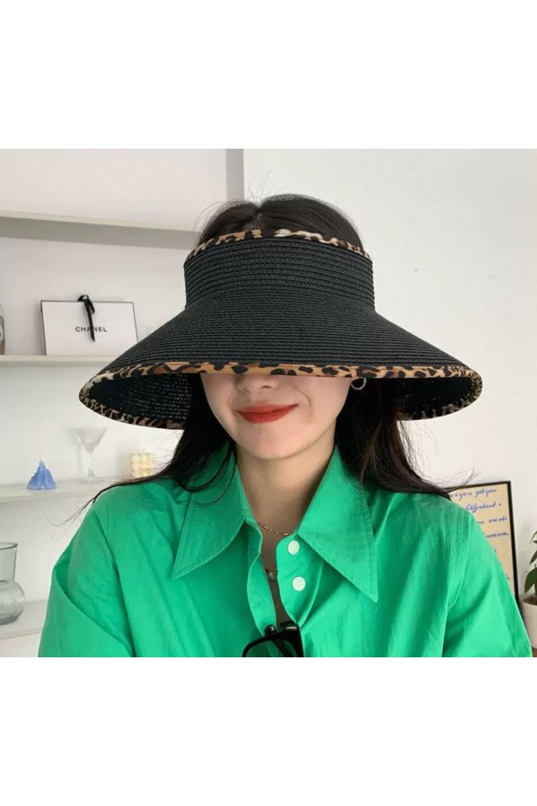 14534 Fiyonklu Siyah Leoparlı Üstü Açık Geniş Hasır Vizör Şapka