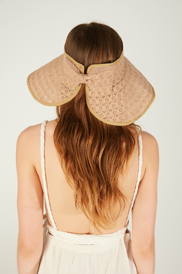 14535 Dantelli Camel Üstü Açık Geniş Hasır Vizör Şapka