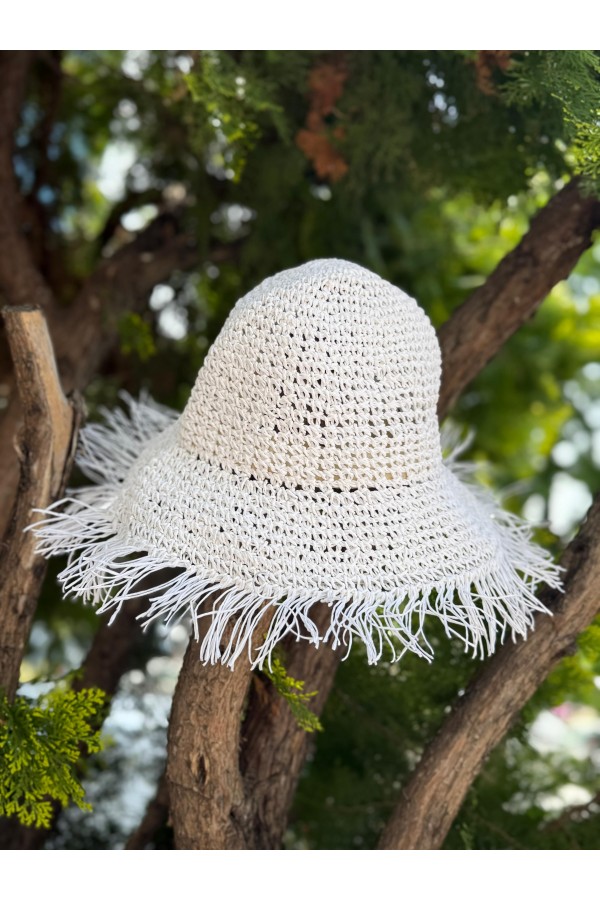 14552 El Örgüsü Saçaklı Beyaz Hasır Şapka