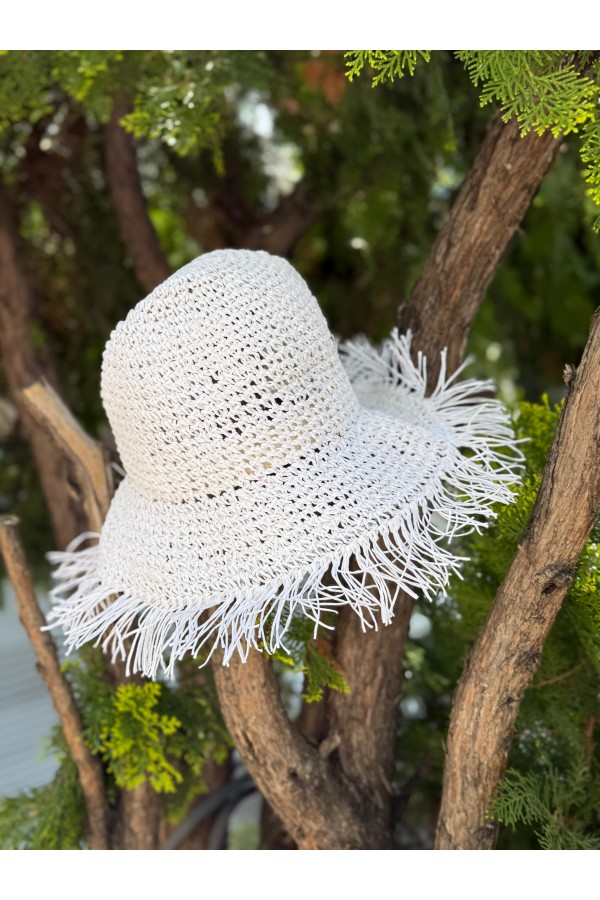 14552 El Örgüsü Saçaklı Beyaz Hasır Şapka