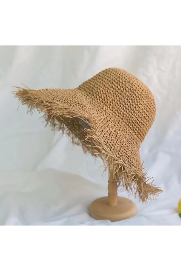 14552 El Örgüsü Saçaklı Camel Hasır Şapka