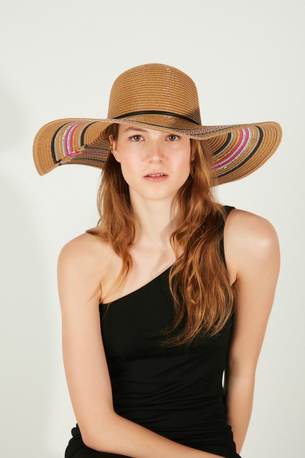14557 İpli Camel Geniş Hasır Şapka