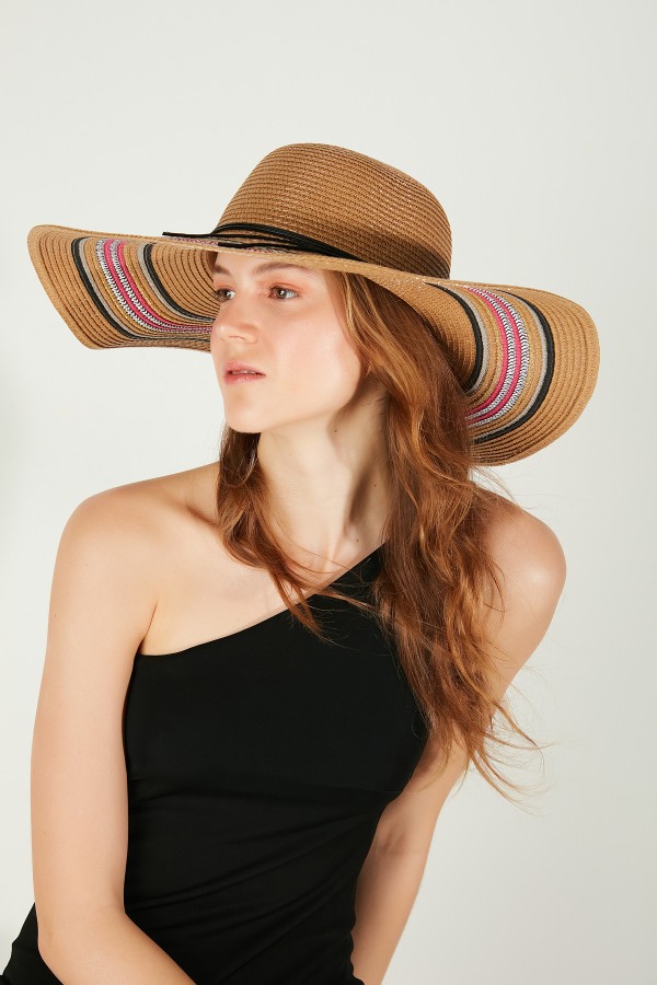 14557 İpli Camel Geniş Hasır Şapka