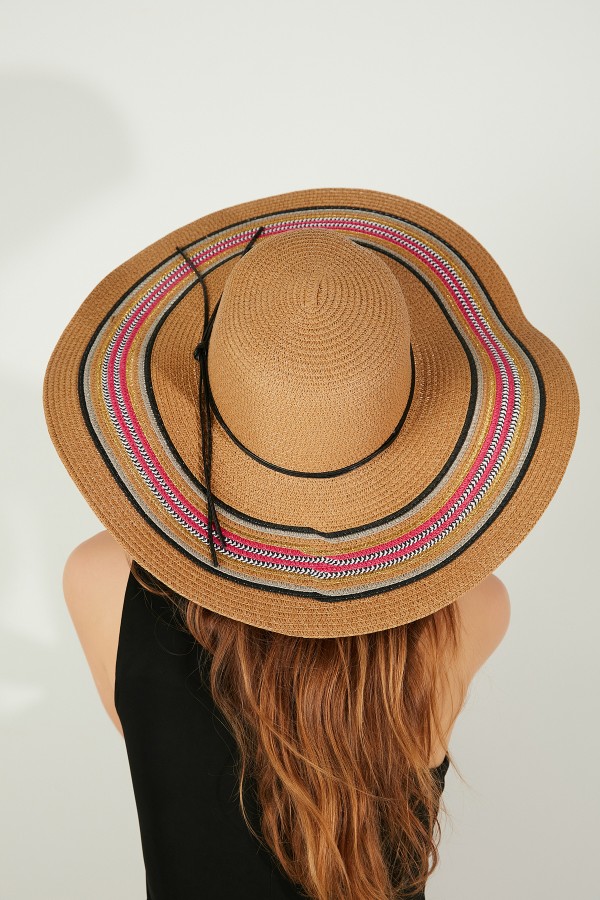 14557 İpli Camel Geniş Hasır Şapka