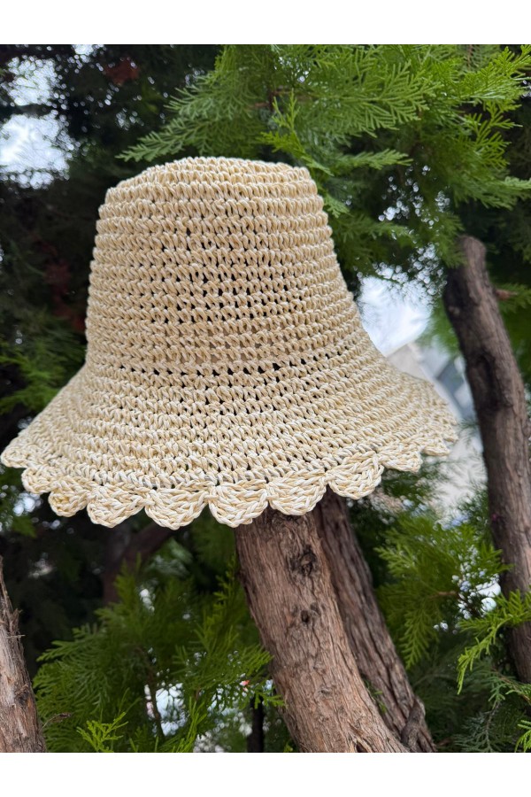 14596-1 El Örgüsü Bej Hasır Şapka