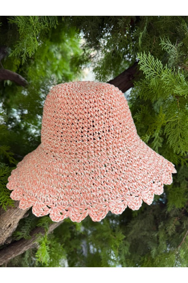 14596-1 El Örgüsü Pembe Hasır Şapka