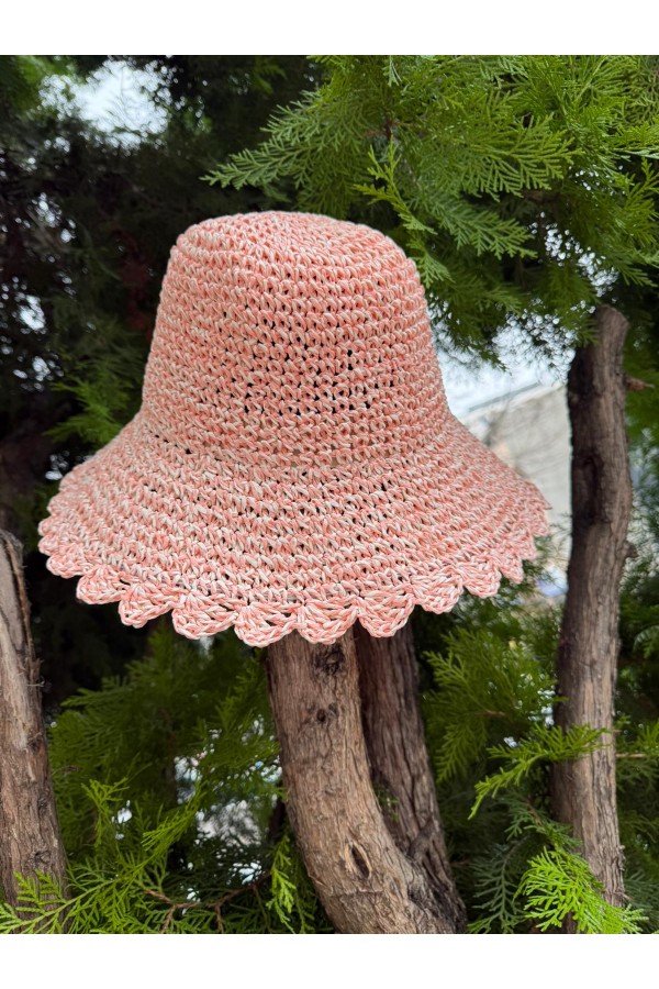 14596-1 El Örgüsü Pembe Hasır Şapka