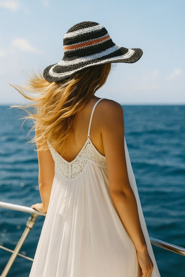 14619 El Örgülü Renk Şeritli Siyah Geniş Hasır Şapka